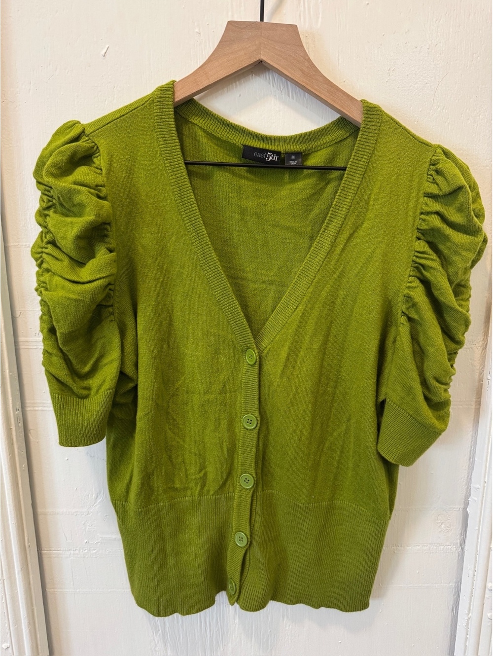 East 5th Short Puff Sleeve Cardigan Chartreuse